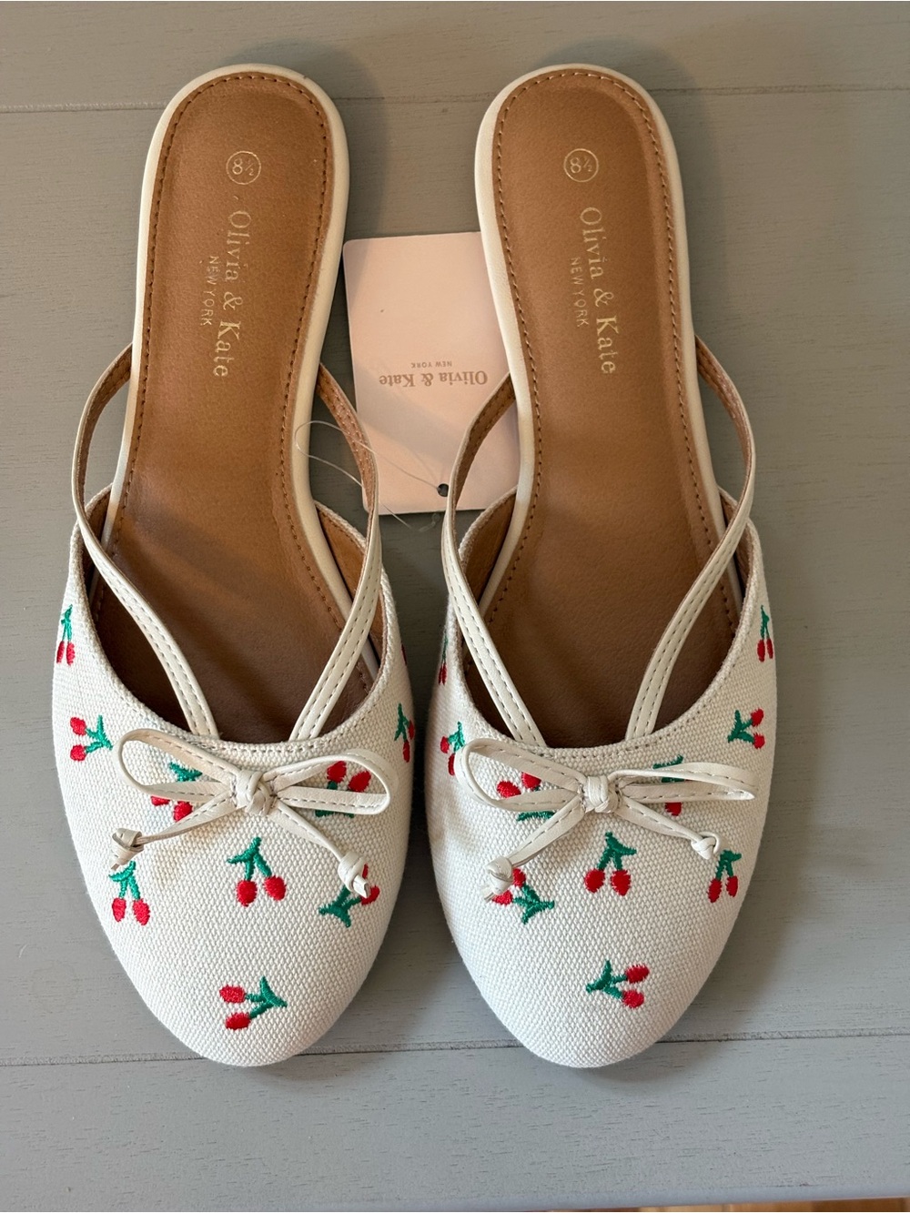 Olivia & Kate White Cherry Embroidered Slingback Flats